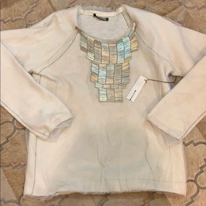 Rozae Nichols Cream Crewneck Sweater with Metallic Patch Detail